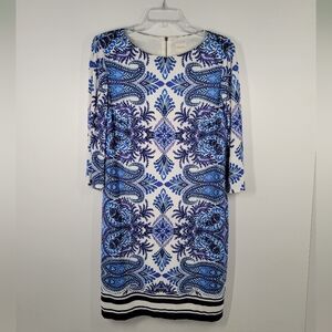 Chicos Blue Paisley Geo Print 3/4 Sleeve Back Zip Dress Size 1 Petite US 4 NWT